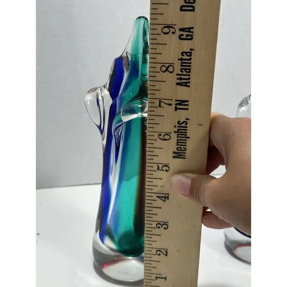 Gorgeous Pair 2 Vintage Art Glass‎ Murano Dolphin Shaped Sommerso Style Vase